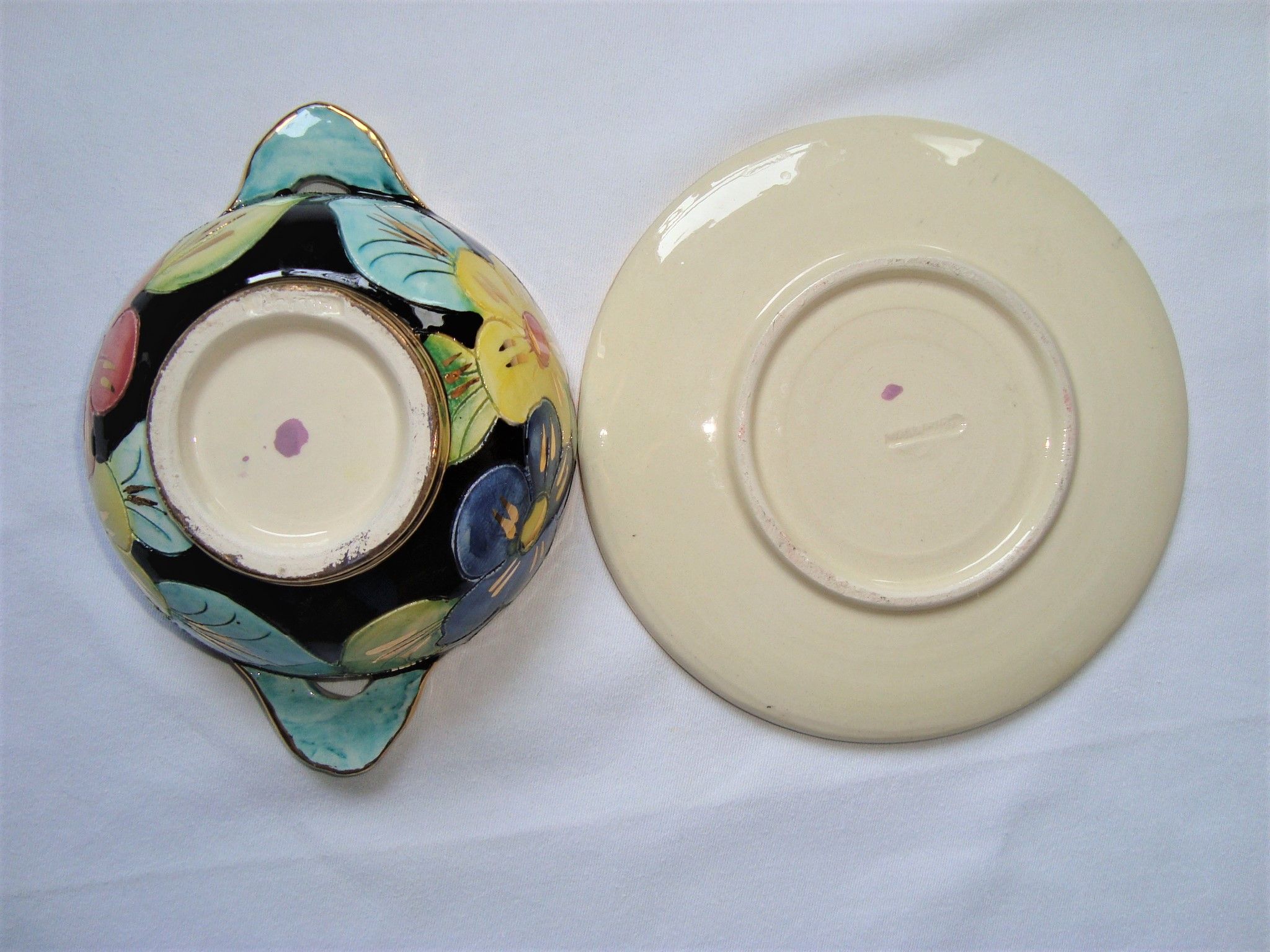 Ear Bowl + Ceramic Saucer Vallauris Flowers Edged Golden