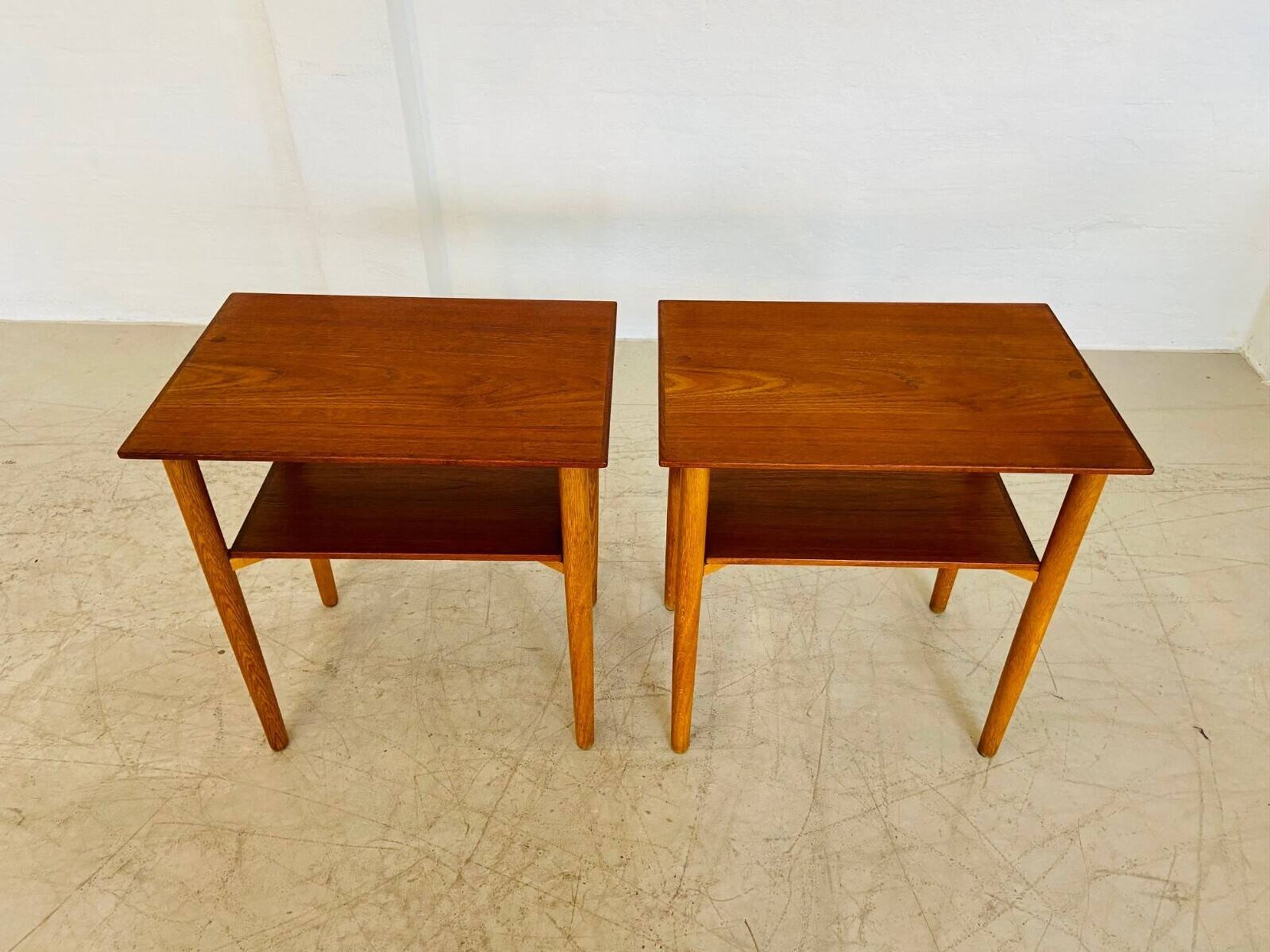 Vintage Danish mid-century teak and oak bedside tables by Næstved Møbelfabrik