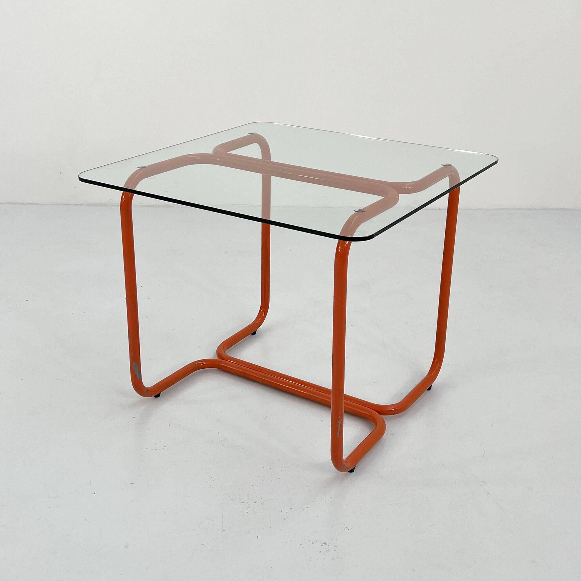 Table à manger tubulaire orange en métal et verre, 1980