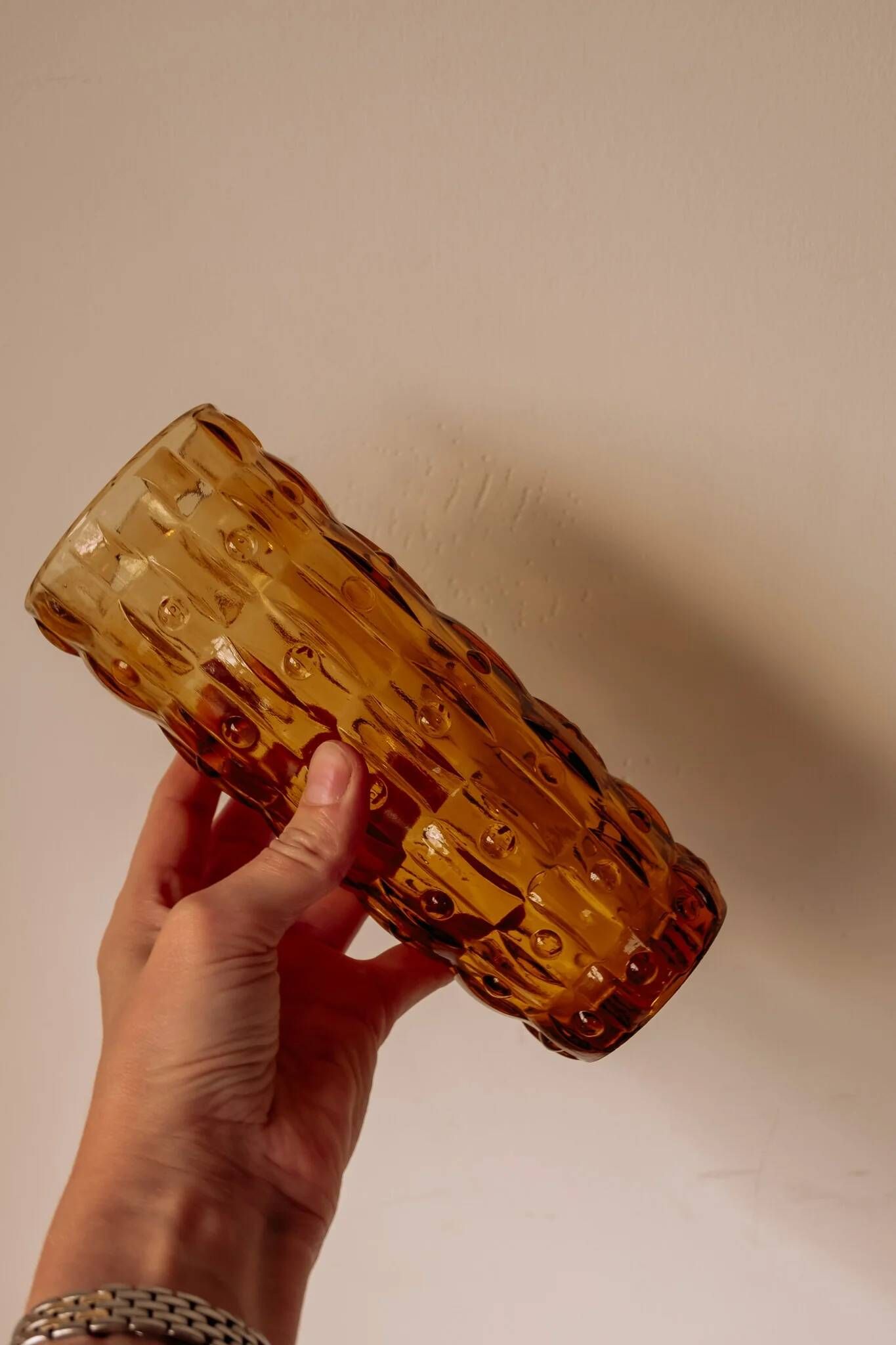 Amber glass cylindrical vase by Frantisek Vizner for Sklo Union