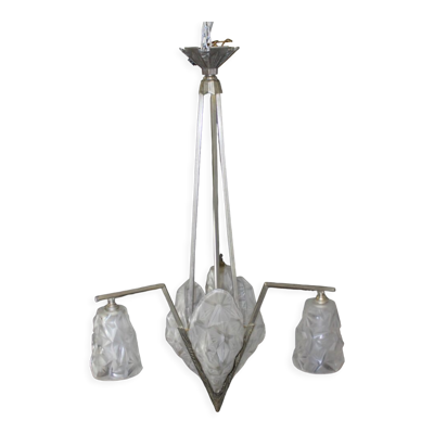 Lustre à plaques d'époque Art Déco signé Degué