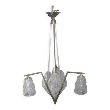 Lustre à plaques d'époque Art Déco signé Degué