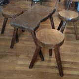 Ensemble salon brutaliste table basse avec 3 tabourets/design 20 ème
