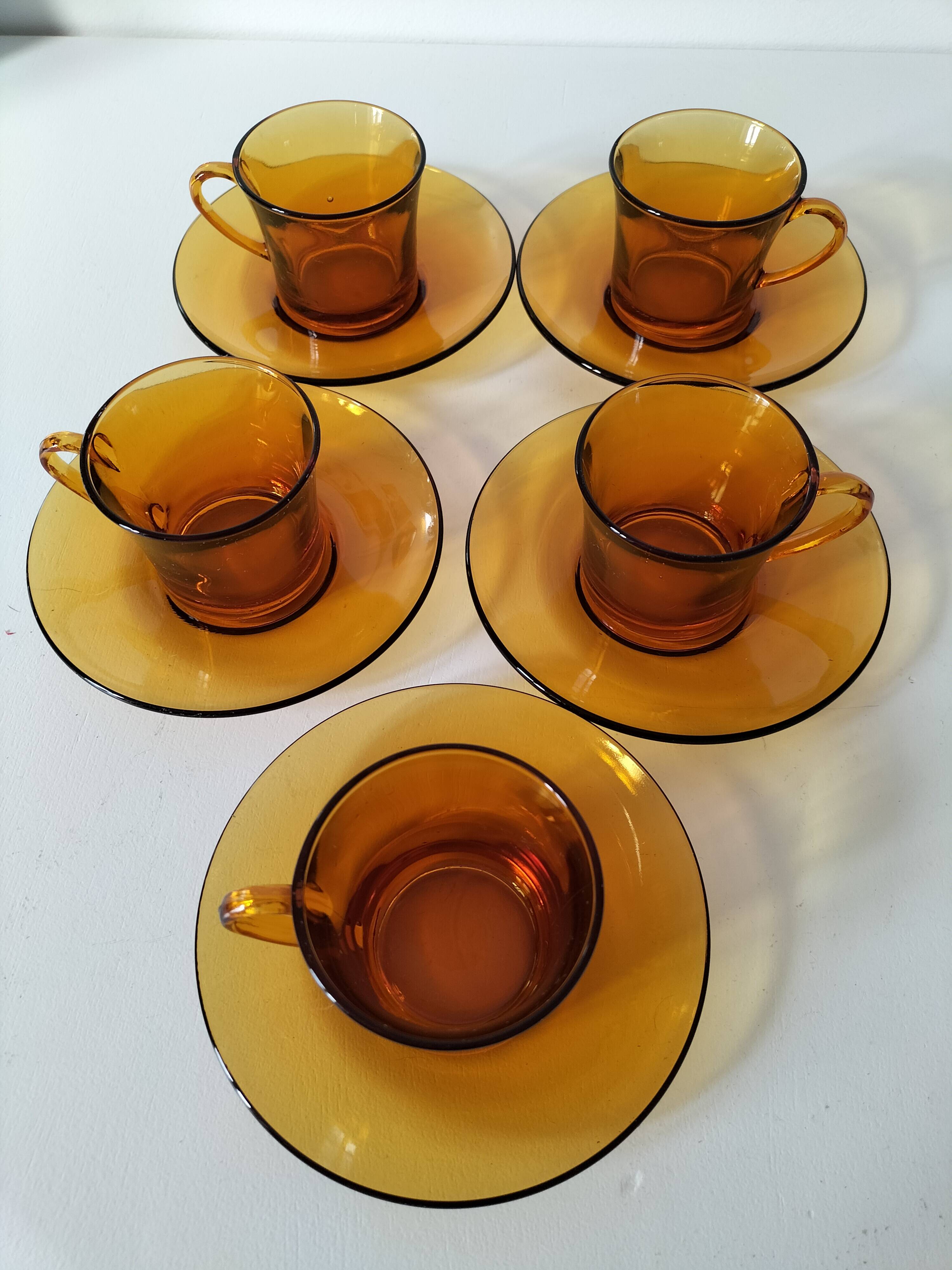 5 vintage amber Duralex cups and saucers