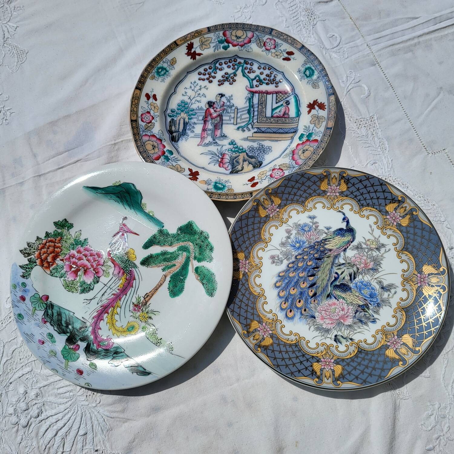Set of 3 vintage plates gardens and Asian birds