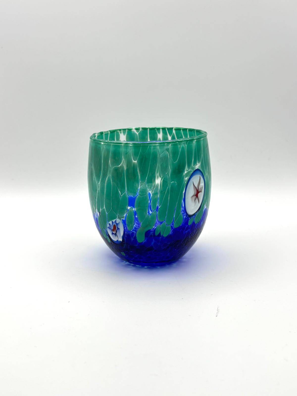 Set of 6 blown glass glasses from Venice with Effetre Murano murrine.