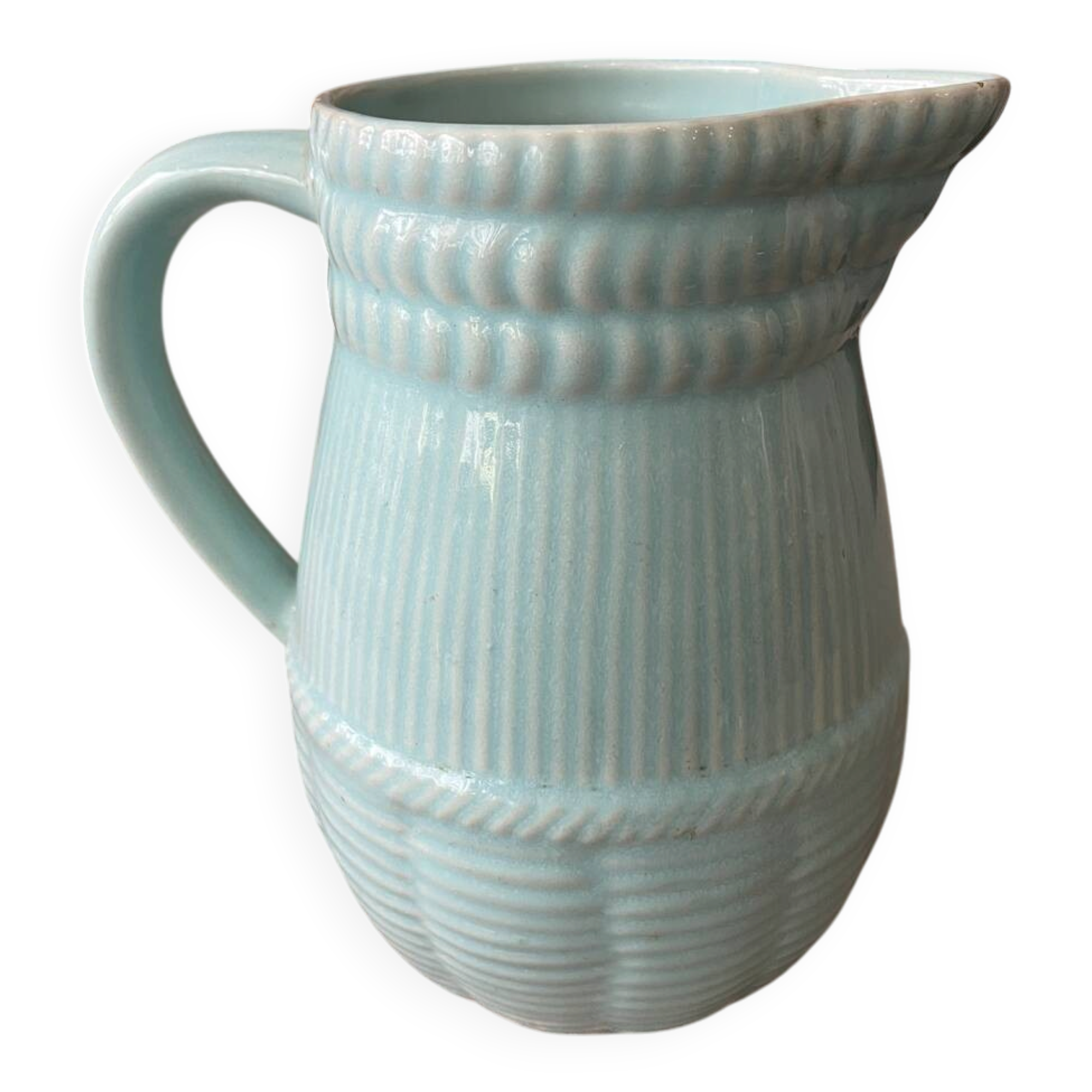 Turquoise blue barbotine pitcher st clement willow model
