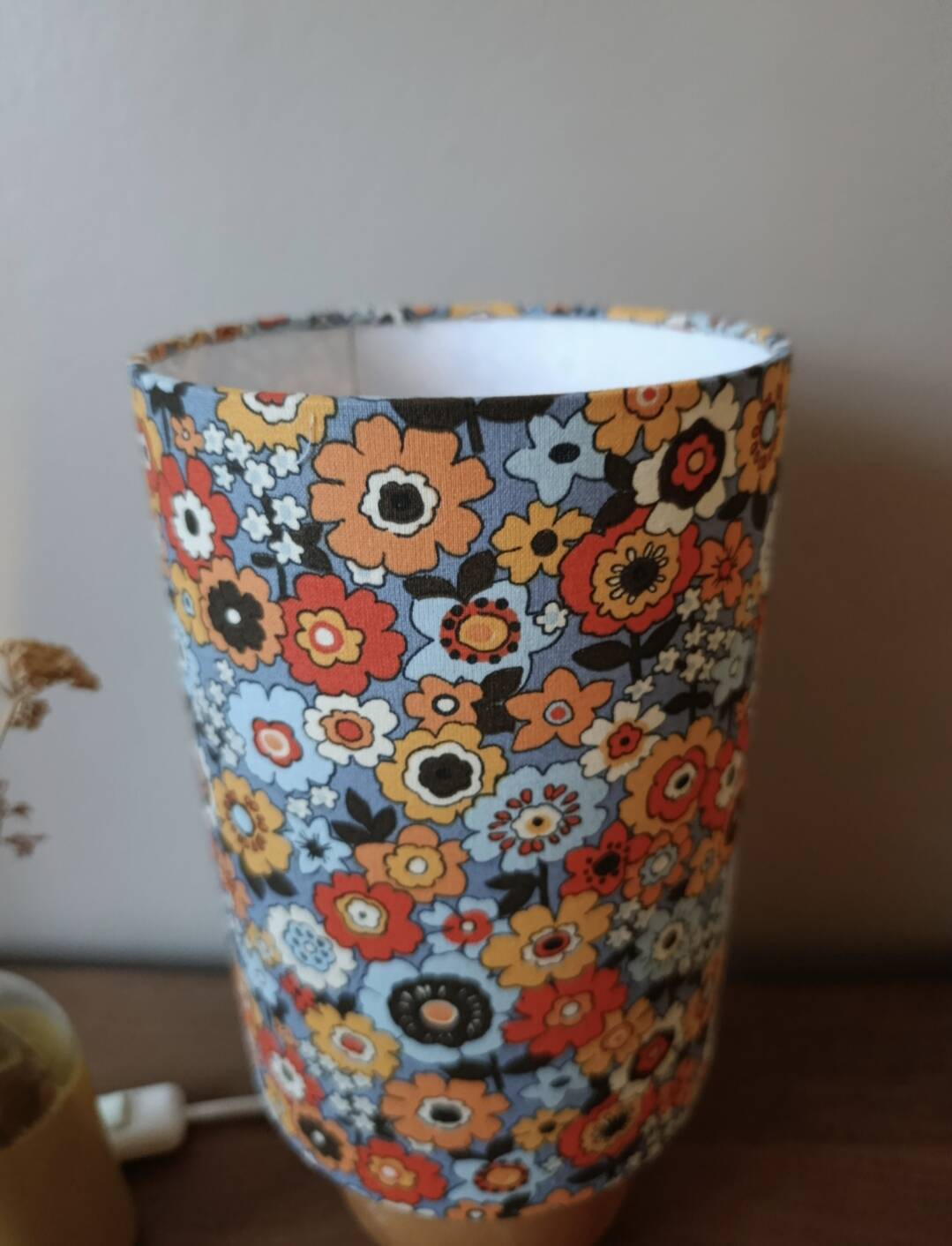 vintage light wood lamp, flower power lampshade