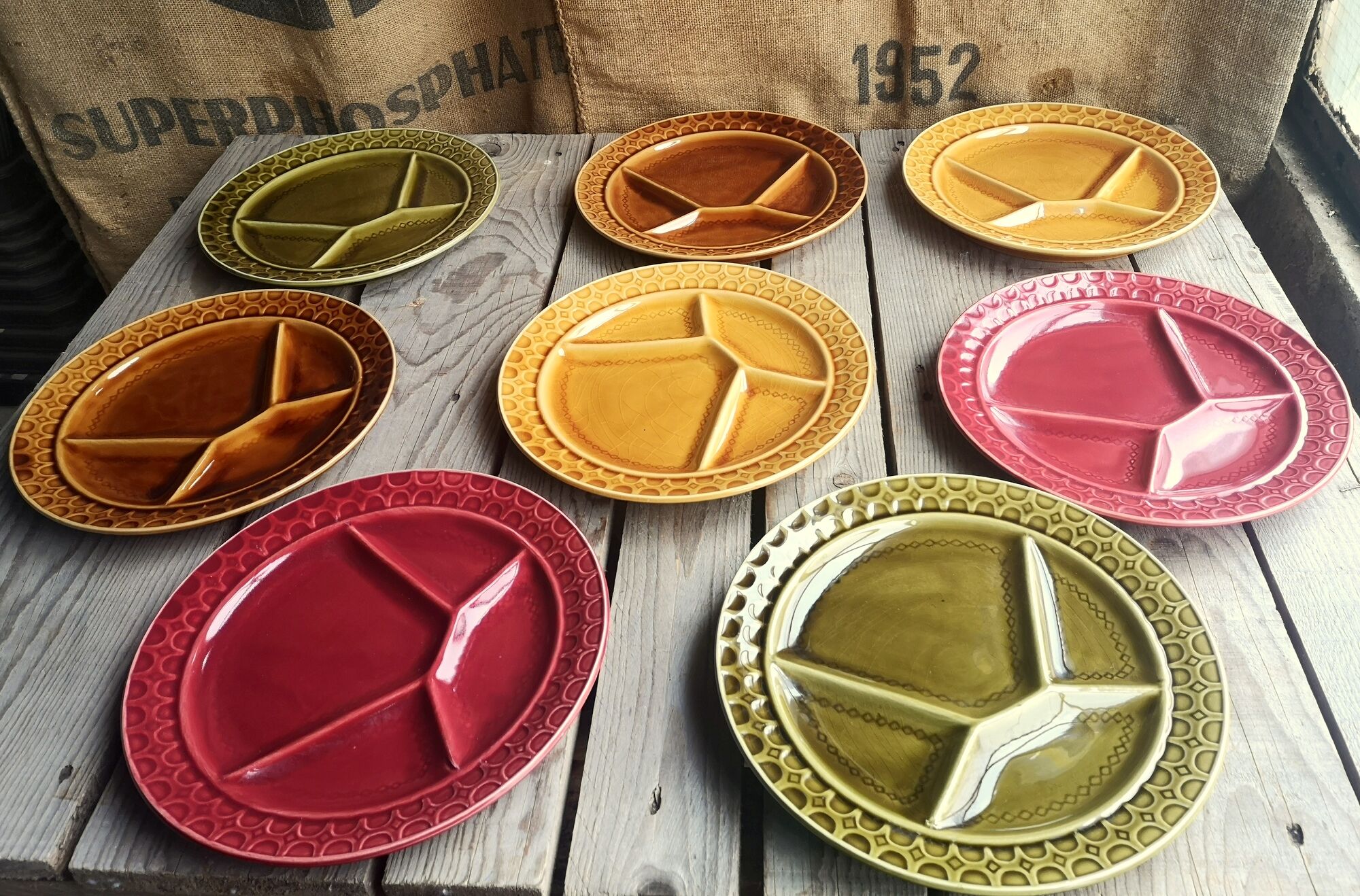 8 old ceramic fondue plates coloured Sarreguemines