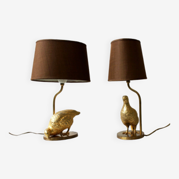 Pair of partridge lamps in gilded metal, 60's.