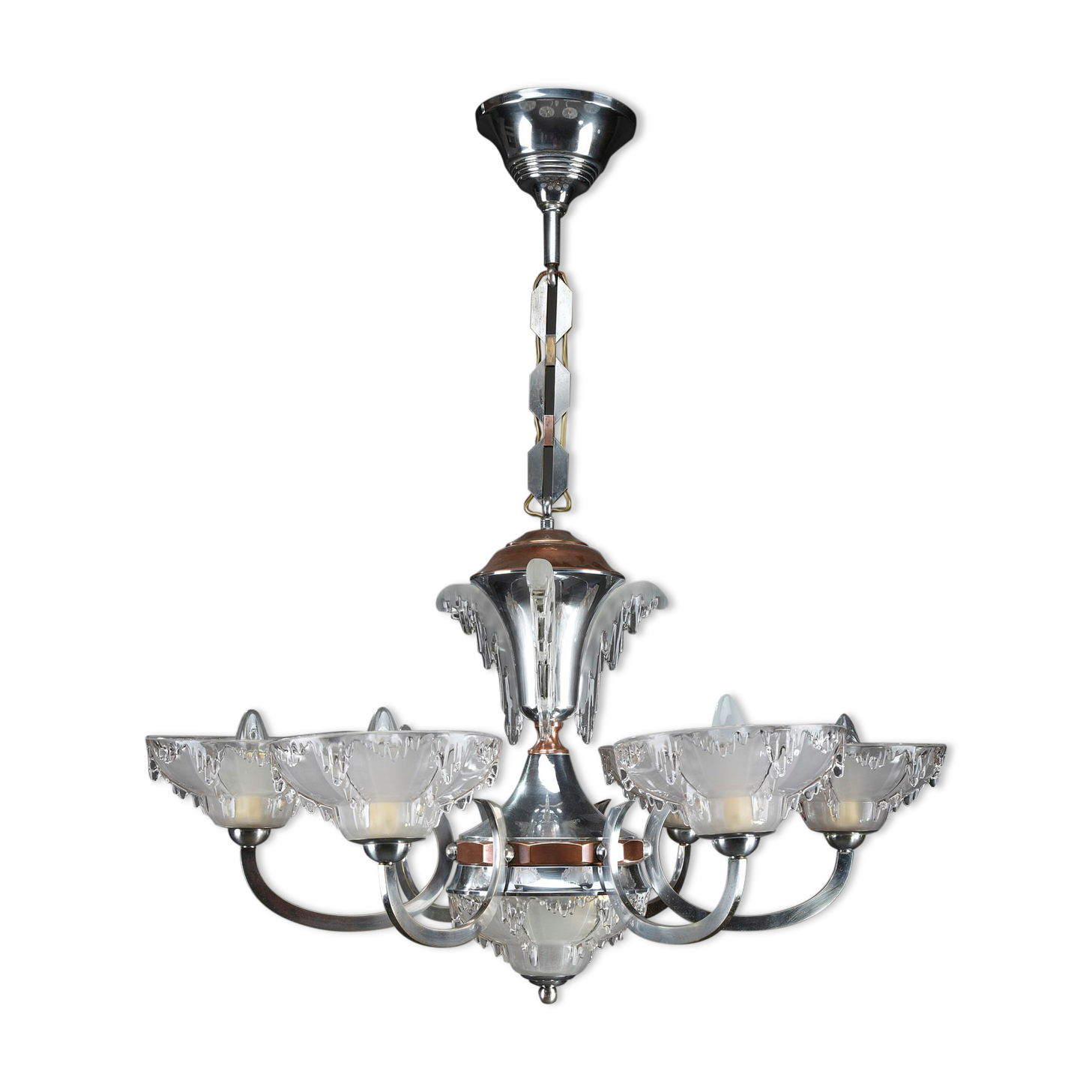 Art Deco chandelier in nickel-plated metal and copper