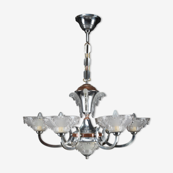 Art Deco chandelier in nickel-plated metal and copper