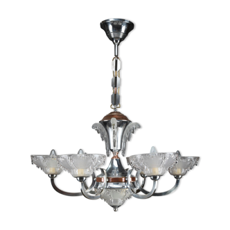 Art Deco chandelier in nickel-plated metal and copper