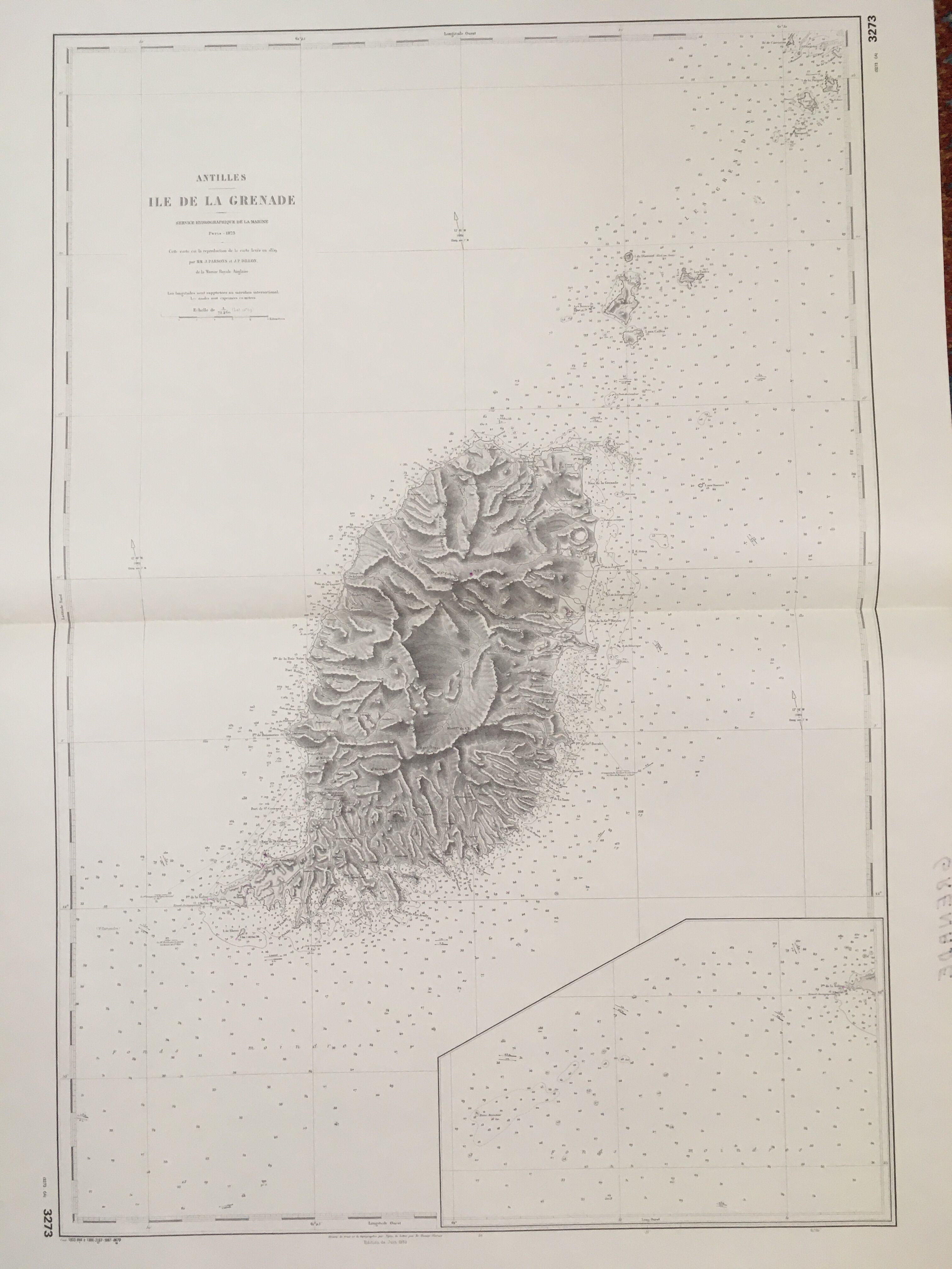 Ancient marine map of the island of Granada (Antilles)