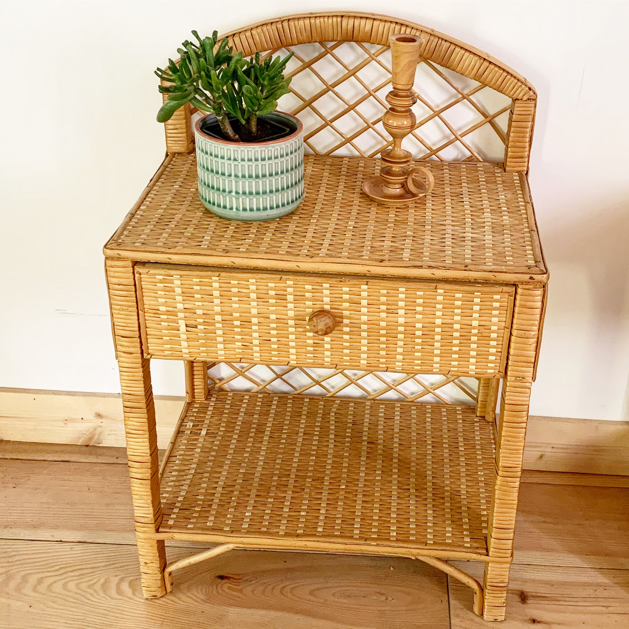 Pair of vintage wicker and rattan bedside tables