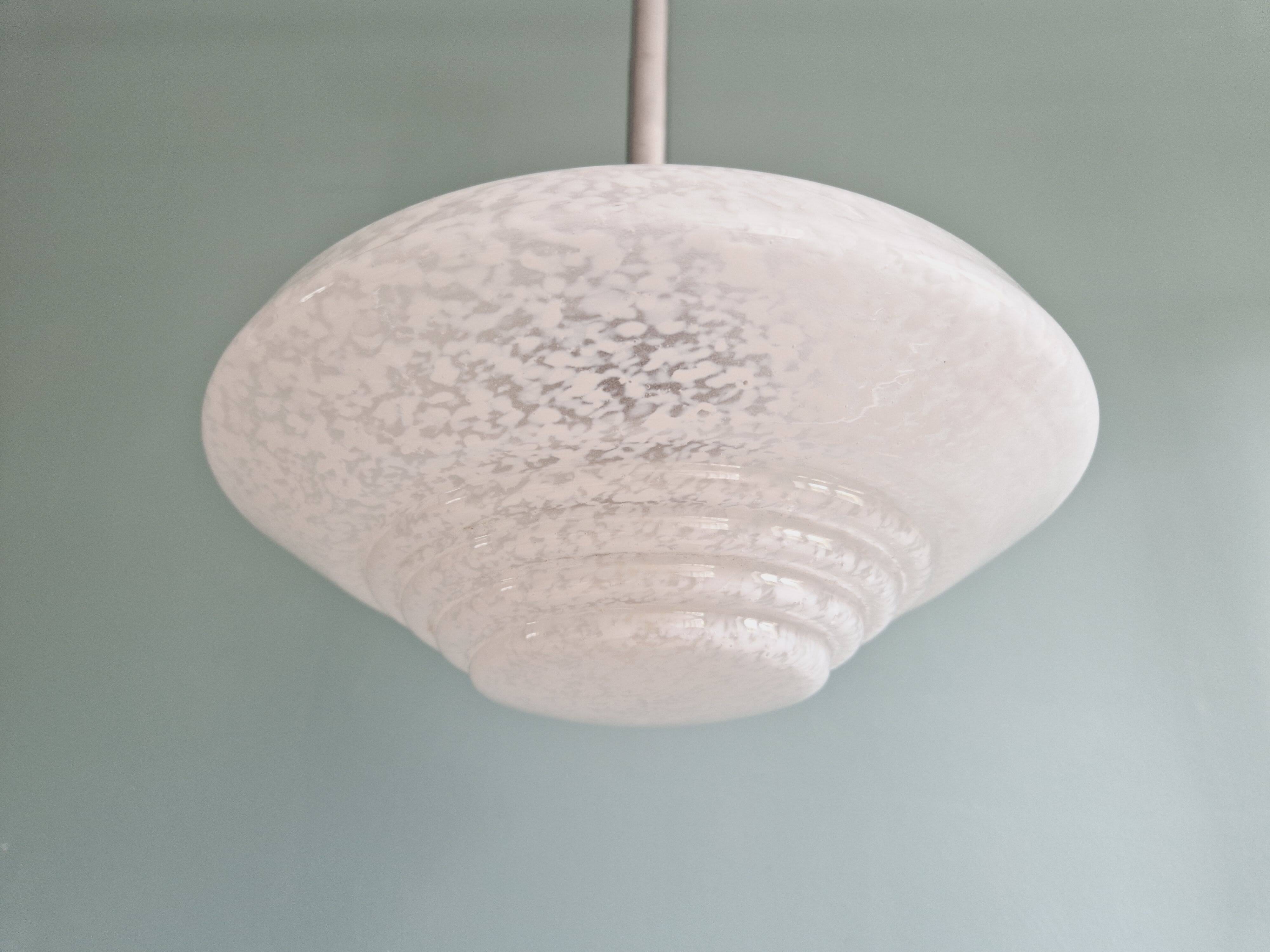 Art Deco pendant light in white speckled glass, 1930s