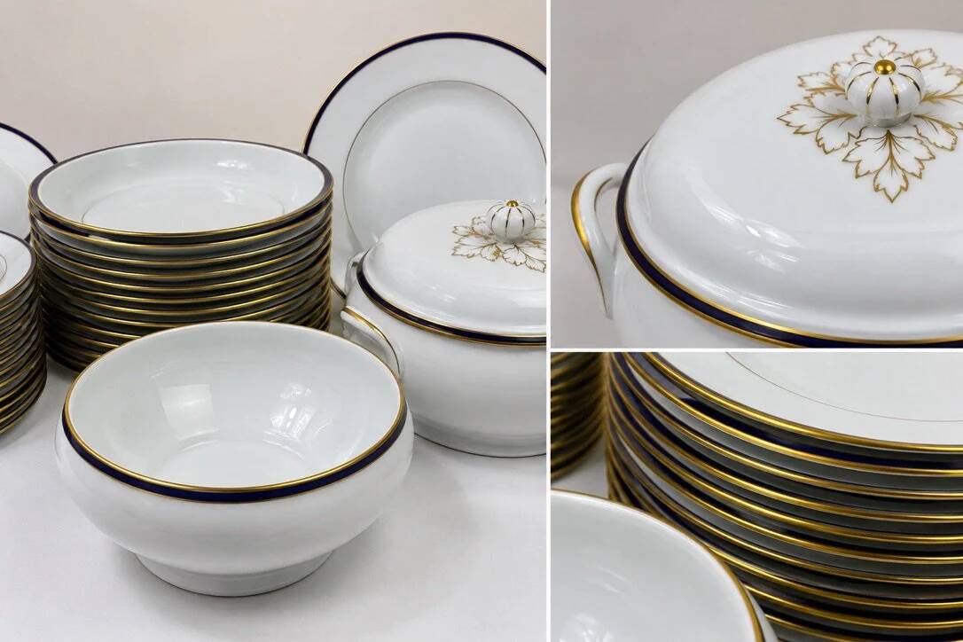 45-piece table service in Limoges porcelain by Chastagner, blue and gold.