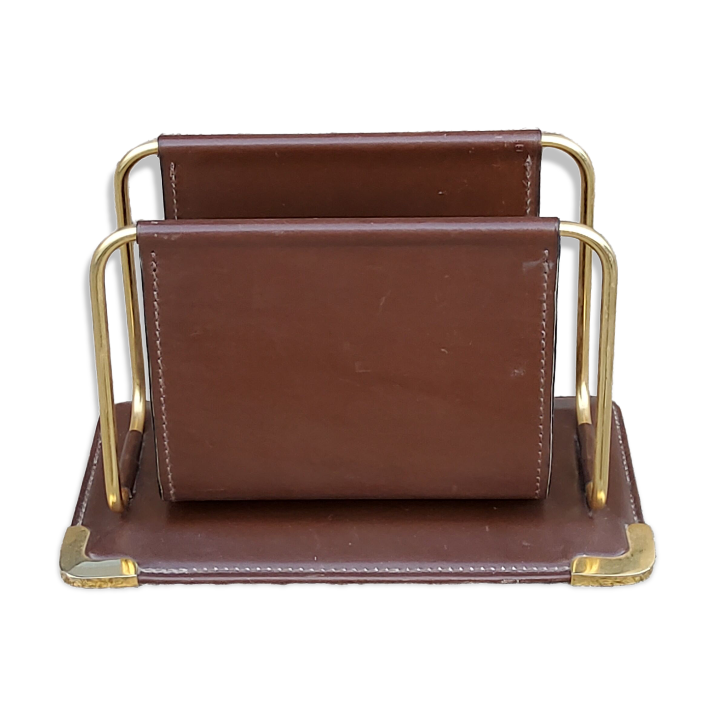 Letter holder in Havana leather and gold metal Longchamp from the 70s