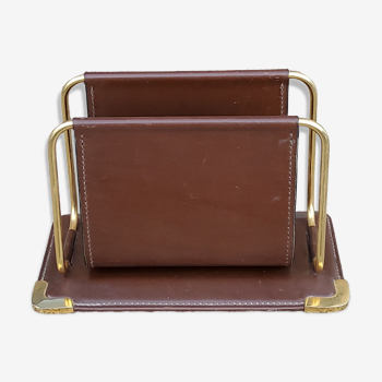 Letter holder in Havana leather and gold metal Longchamp from the 70s