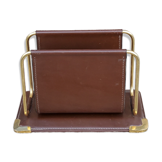 Letter holder in Havana leather and gold metal Longchamp from the 70s