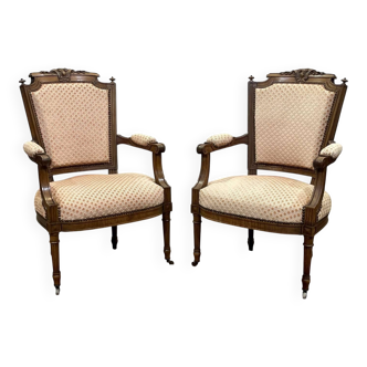 Pair of early 20th century Louis XVI armchairs in walnut