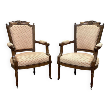 Pair of early 20th century Louis XVI armchairs in walnut