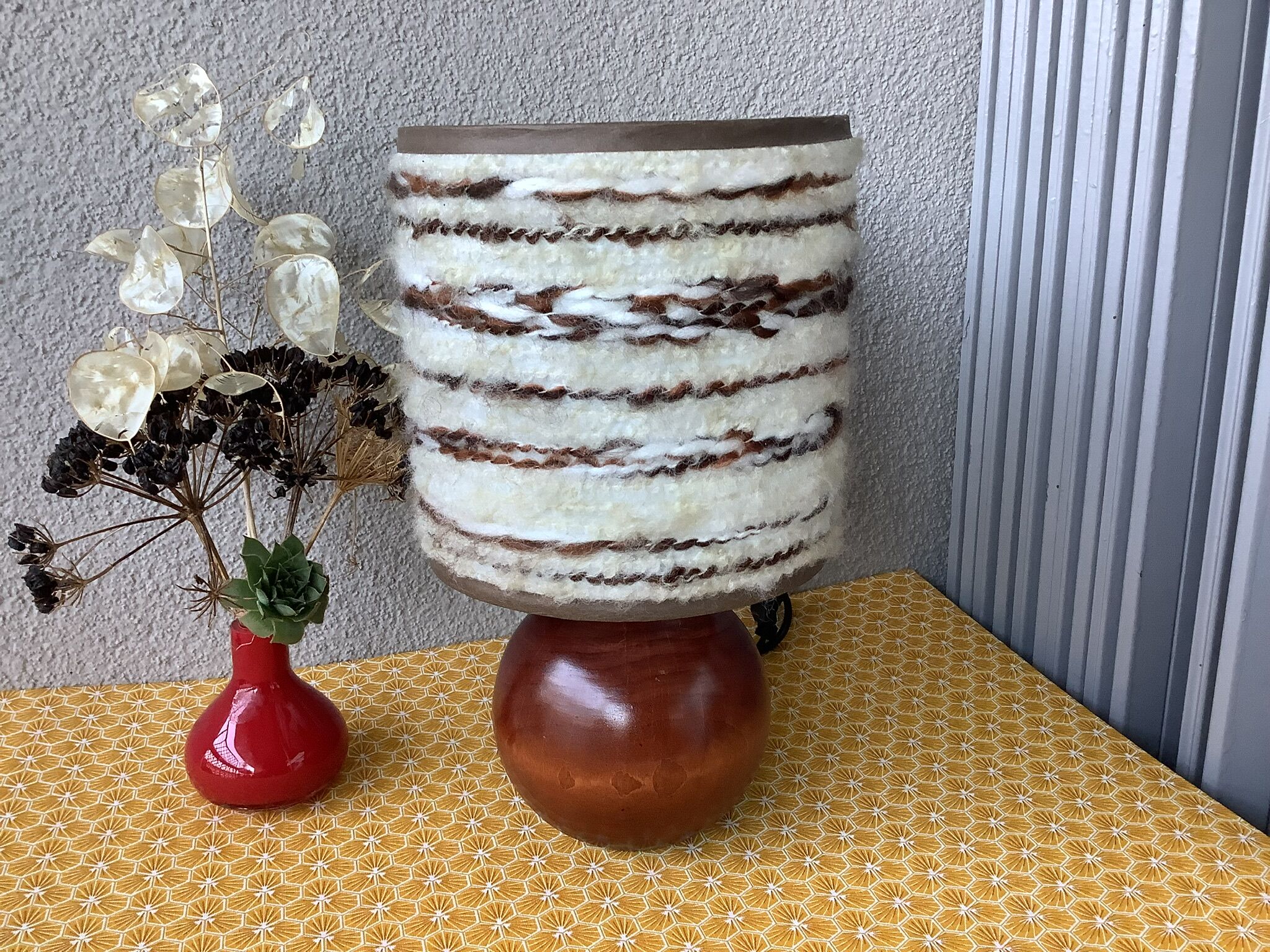 Seventies wood lamp and hippy chic wool lampshade