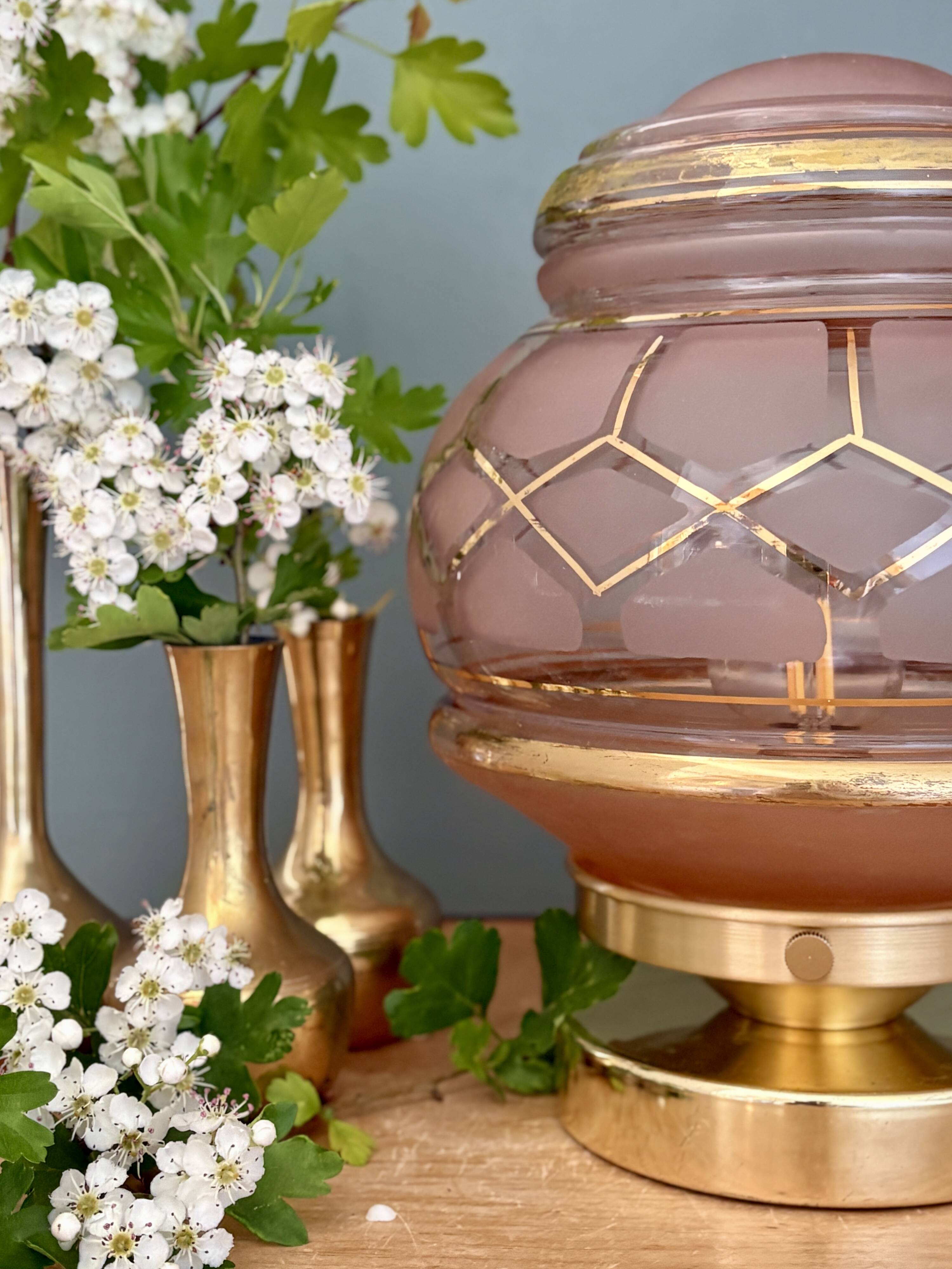 Vintage Art Deco globe table lamp in pink and gold glass.