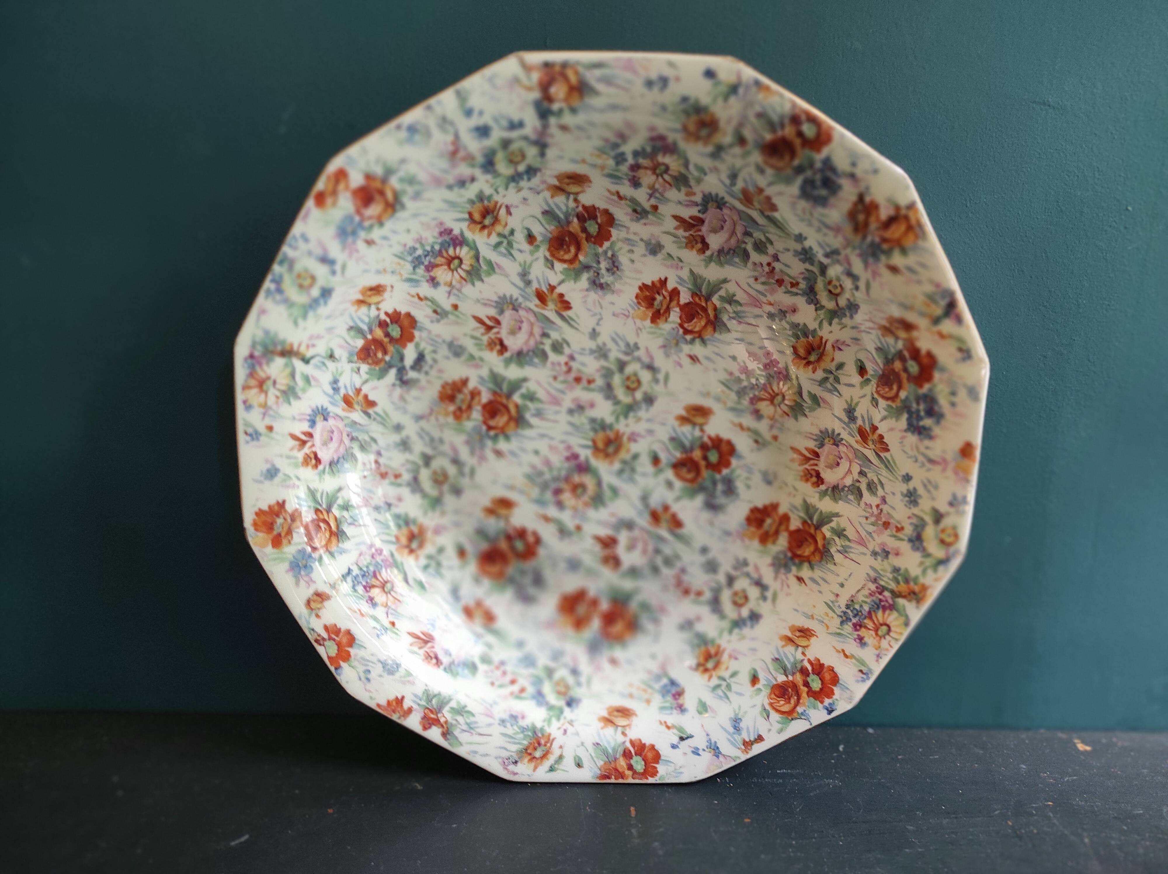 Vintage French salad platter from Le Tallec, Limoges, with colourful floral decoration