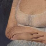 Portrait à l'huile d'une dame en robe blanche assise sur une tête de mort