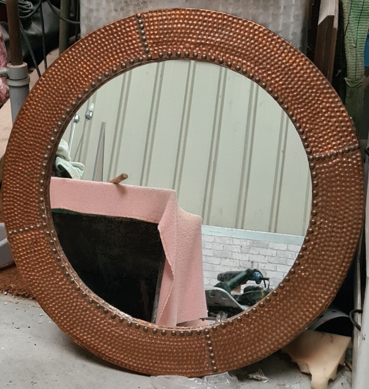 Mirror 1970 frame copper plate hammer and studded on wood 62x62 glass 45x45