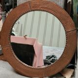 Mirror 1970 frame copper plate hammer and studded on wood 62x62 glass 45x45