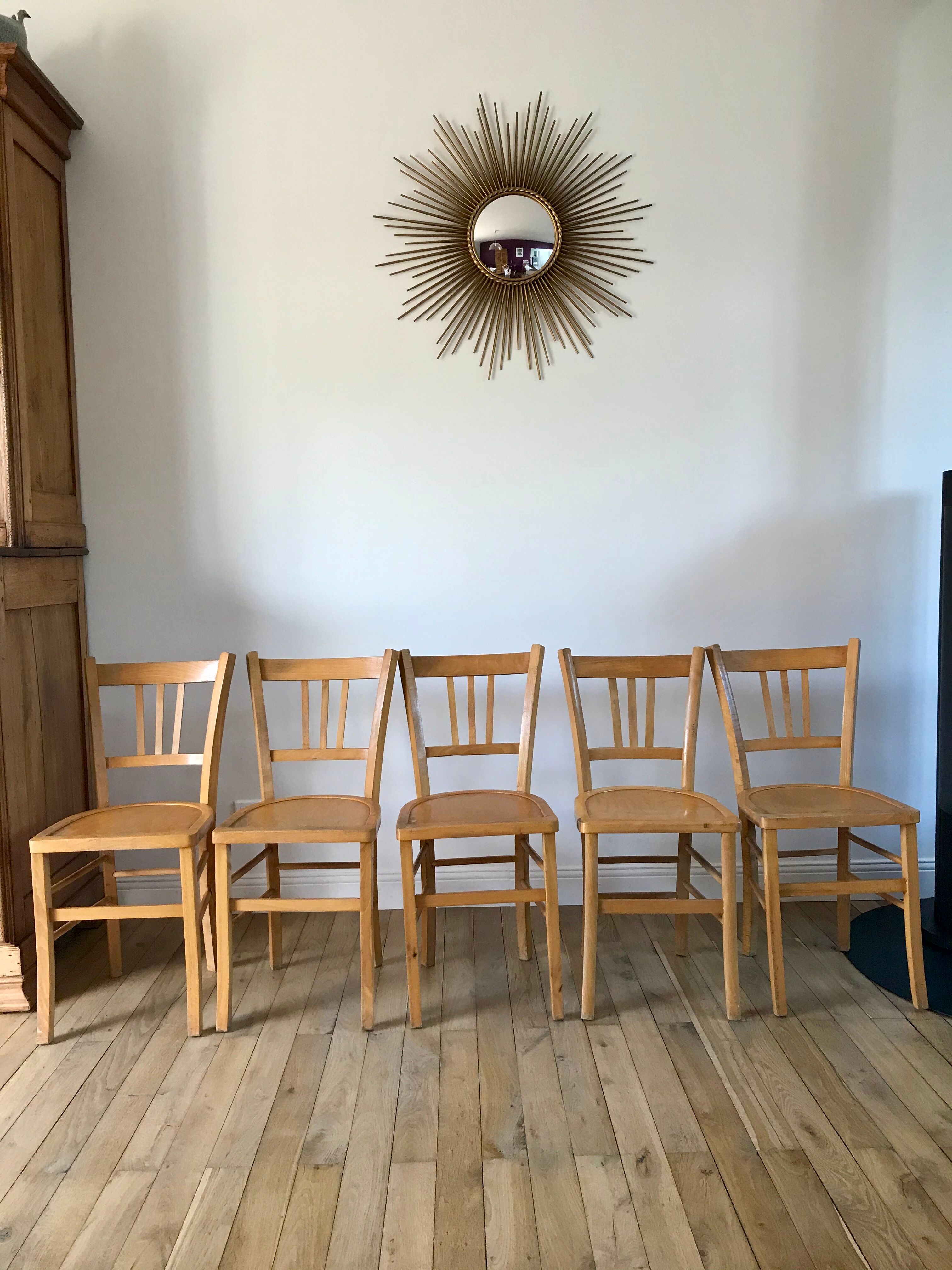 Set of 5 Luterma light blond wood bistro chairs from the 50s