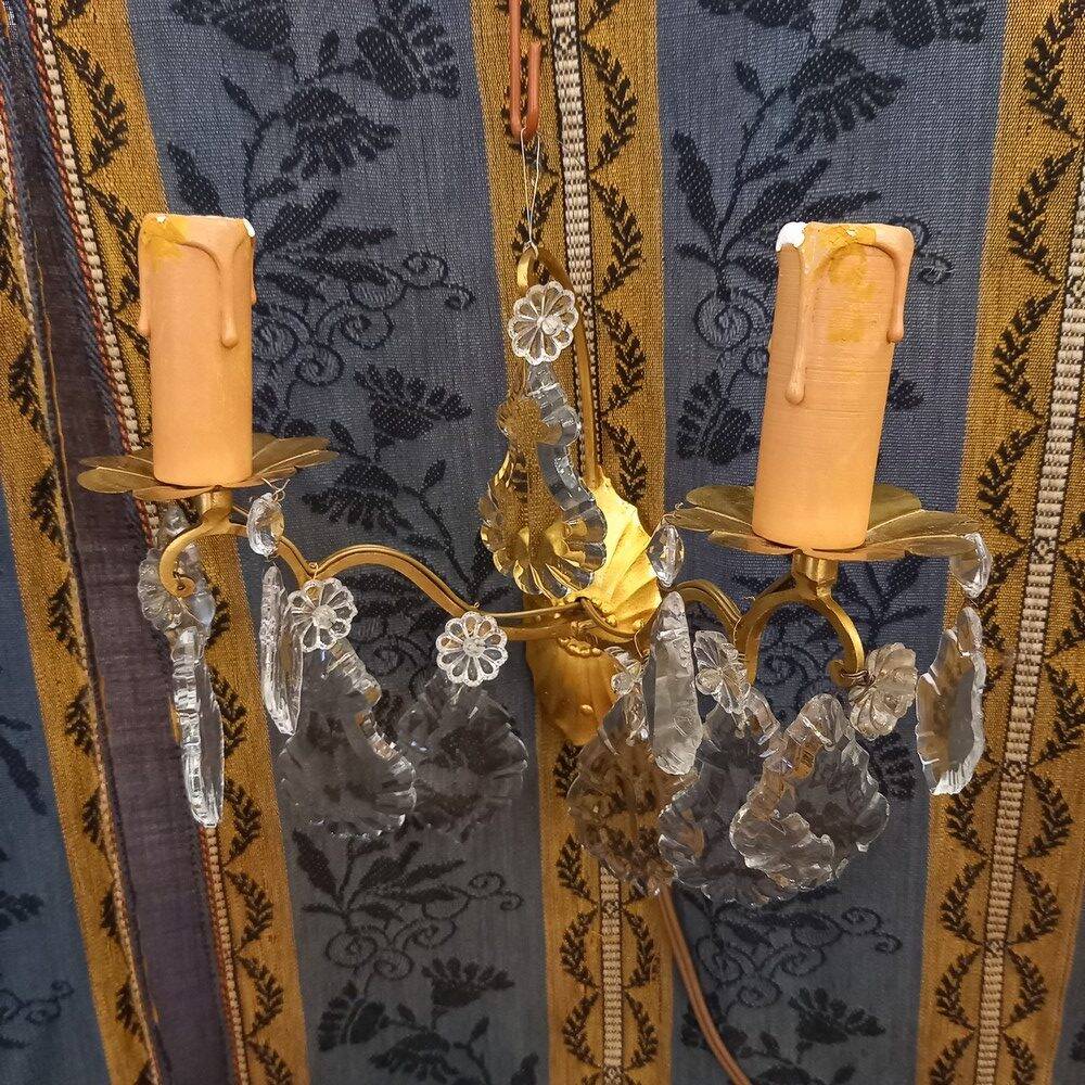 Pair of glass and brass wall lights with tassels, 1950s period