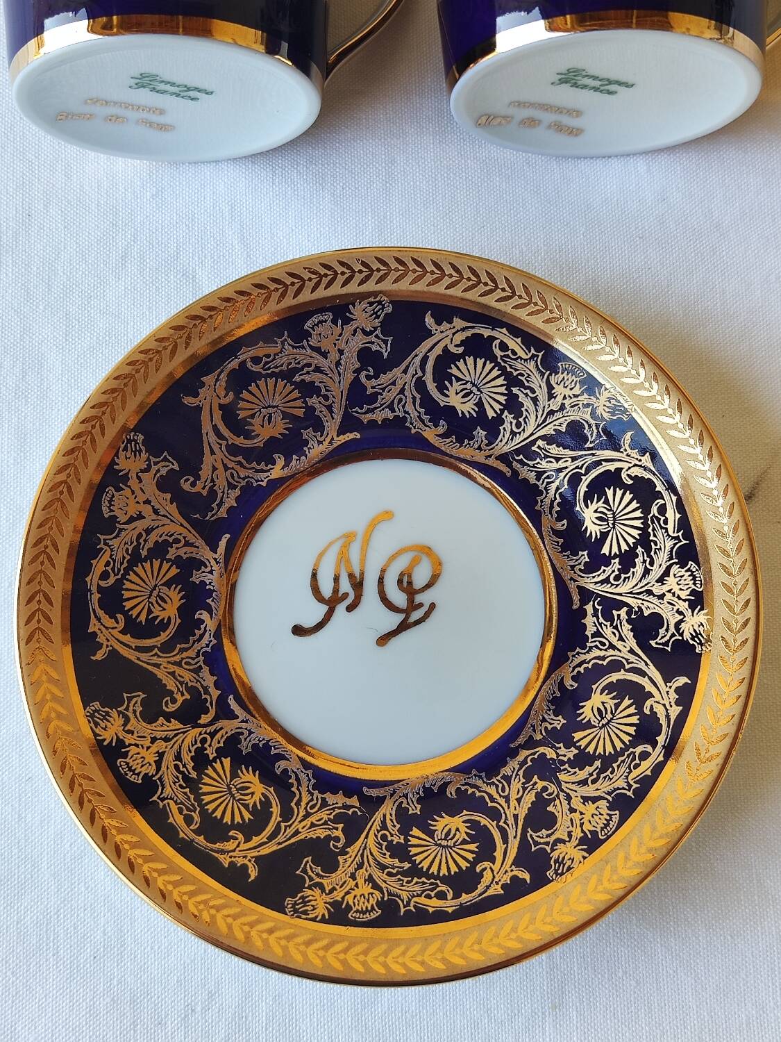 6 litron cups and saucers - oven blue and gold - Limoges porcelain