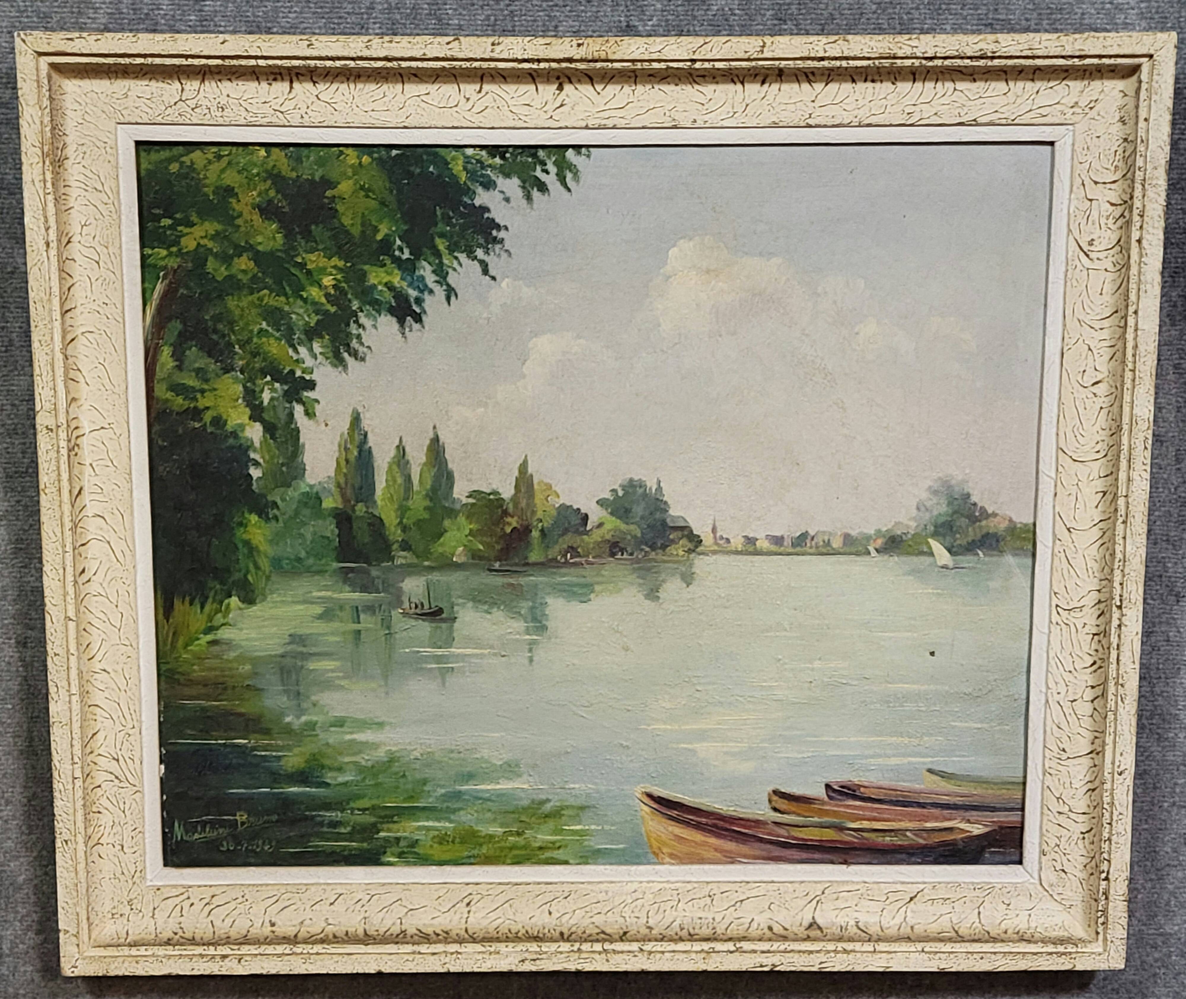 Madeleine Bruno: an old painting depicting a river landscape.