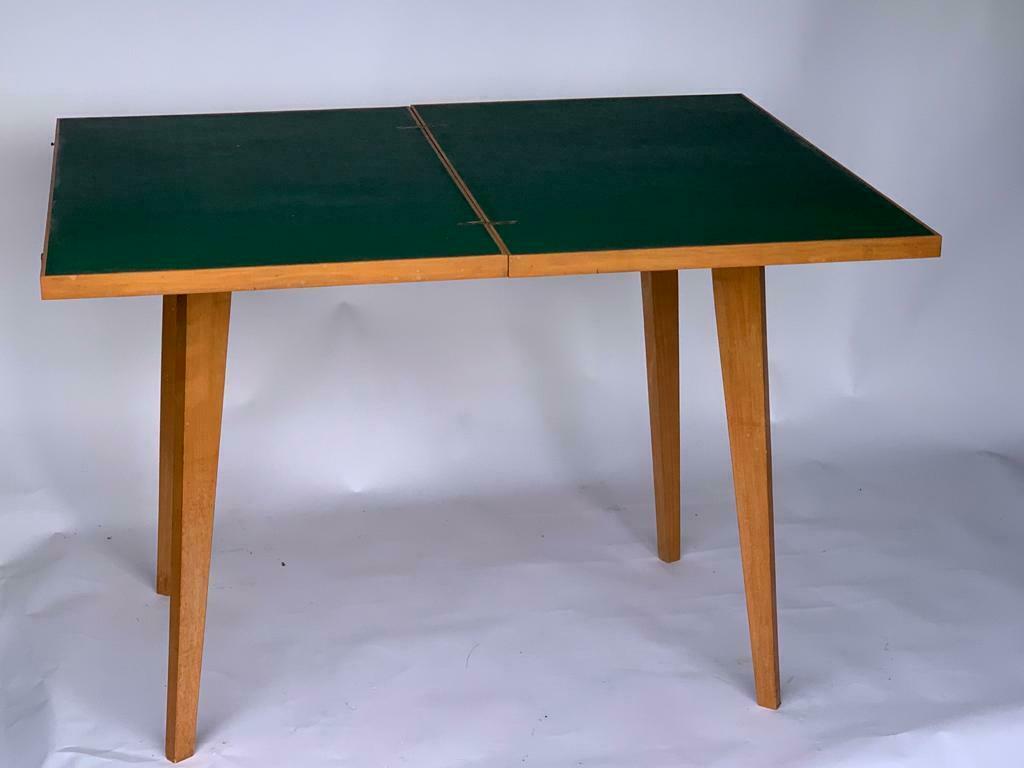 TABLE DE BRIDGE A SYSTEME 1960 CHENE CLEAR GREEN FABRIC