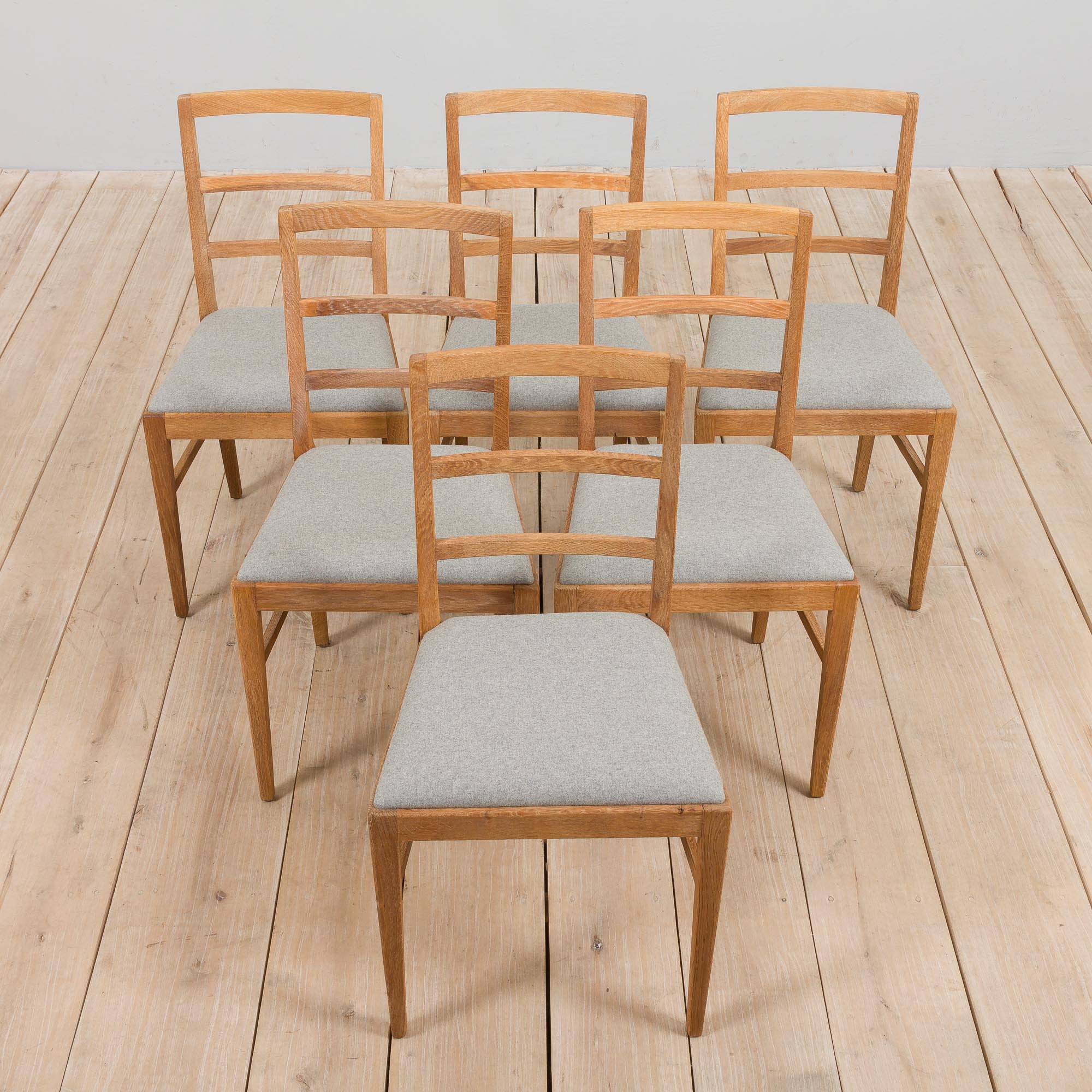 Set Of 6 Mid Century oak dining chairs by Fritz Hansen, natural wool upholstery, 1950s
