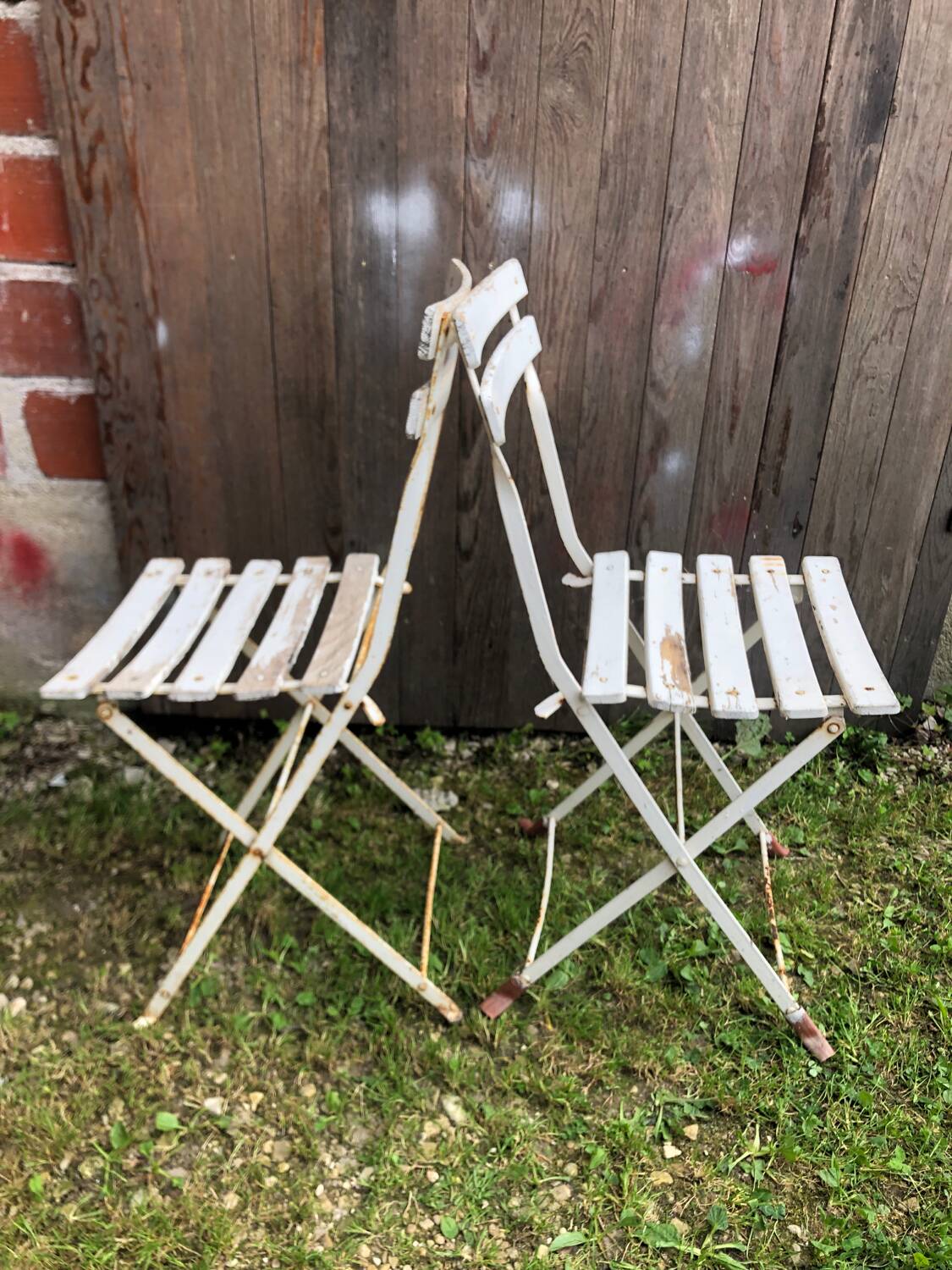 Pair of vintage white metal & wood folding garden chairs
