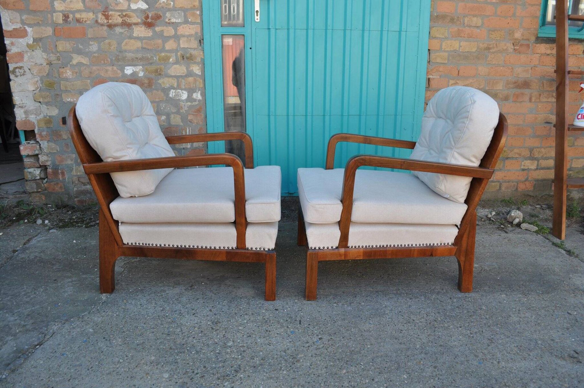 Pair of Art Deco brown and cream chairs in cherry wood and fabric, 1930s.
