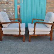 Pair of Art Deco brown and cream chairs in cherry wood and fabric, 1930s.