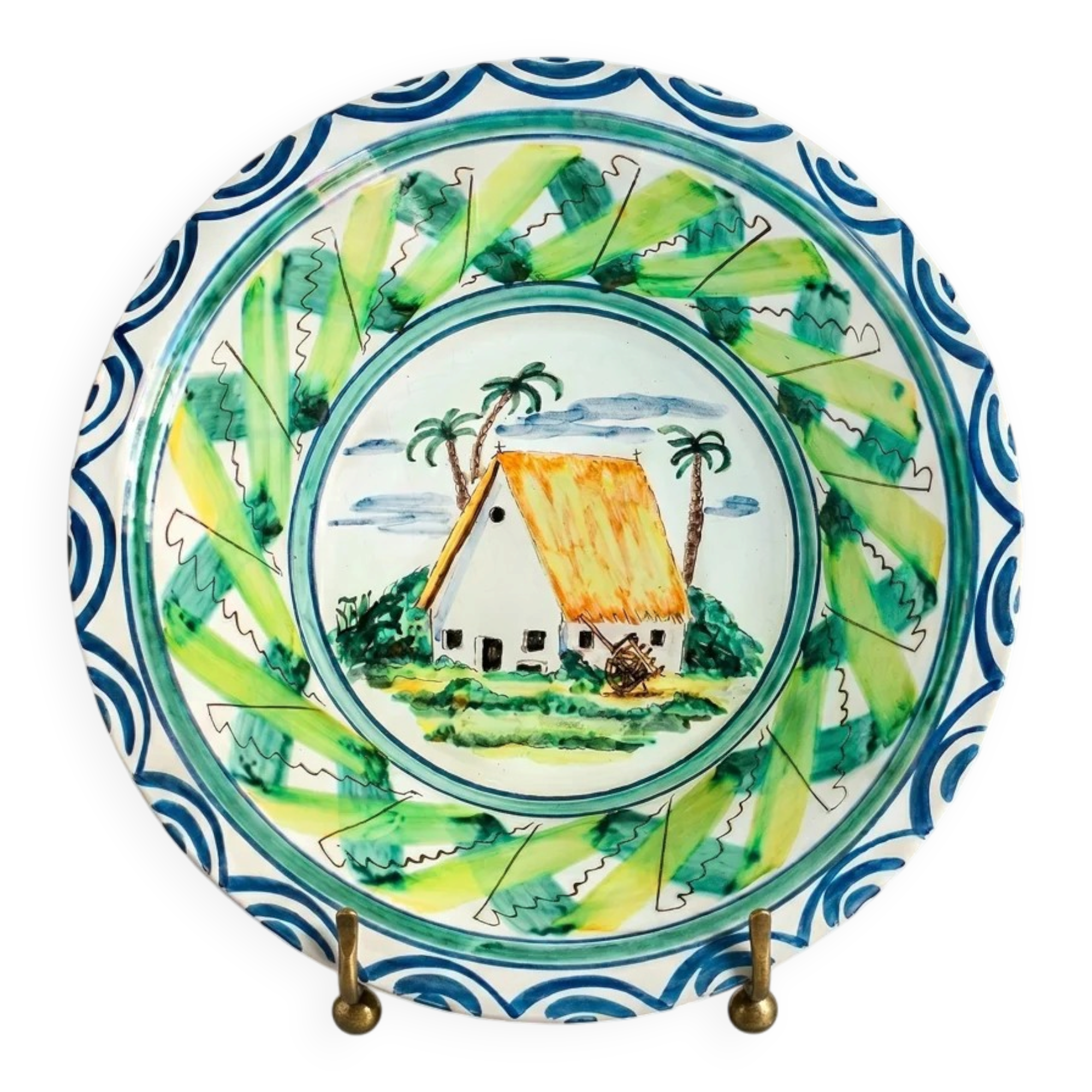 Vintage Italian large salad bowl in hand-painted ceramic with a house and palm trees.