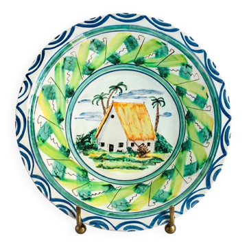 Vintage Italian large salad bowl in hand-painted ceramic with a house and palm trees.