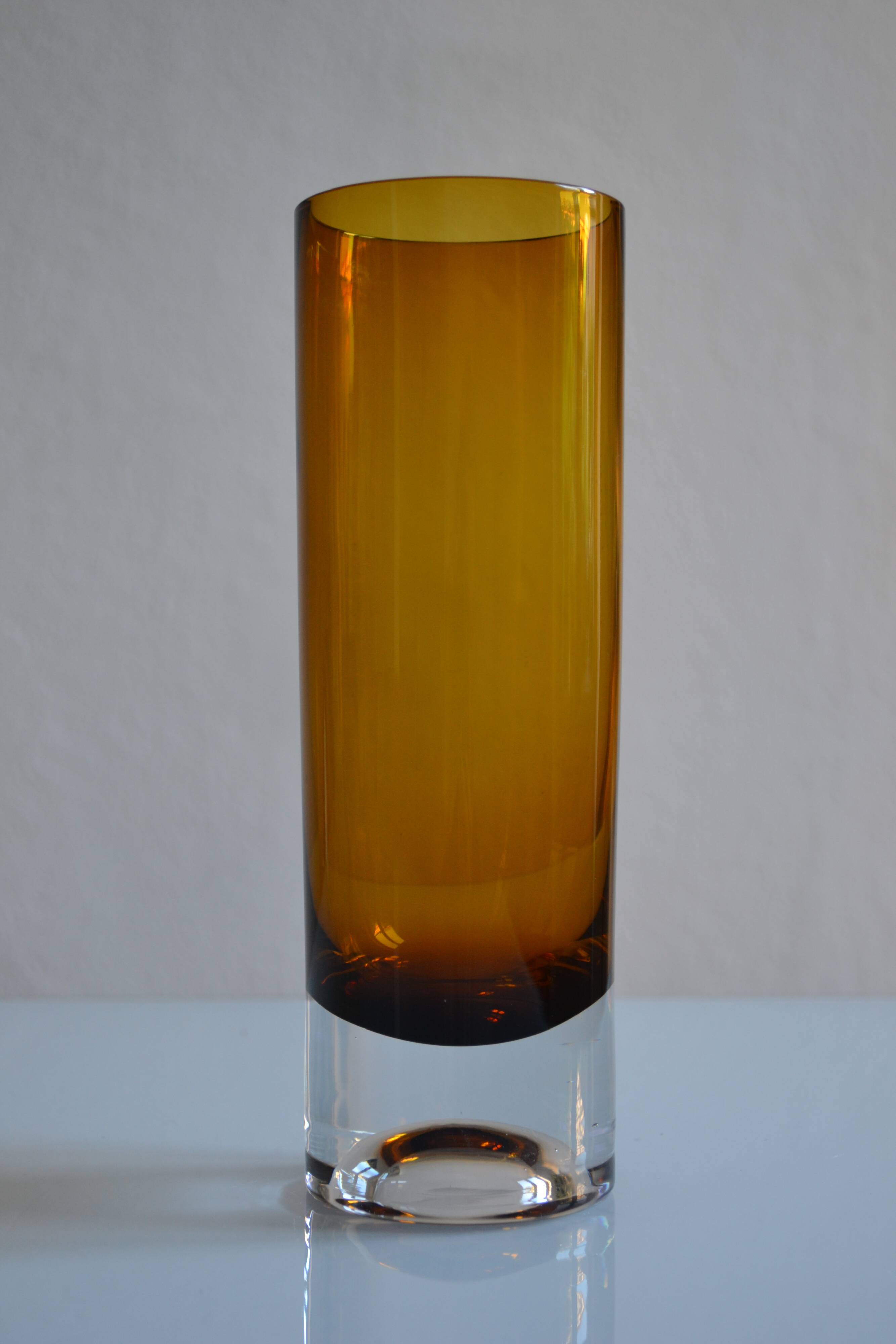 Vintage 70s 1970s roll vase, two-tone amber blown glass