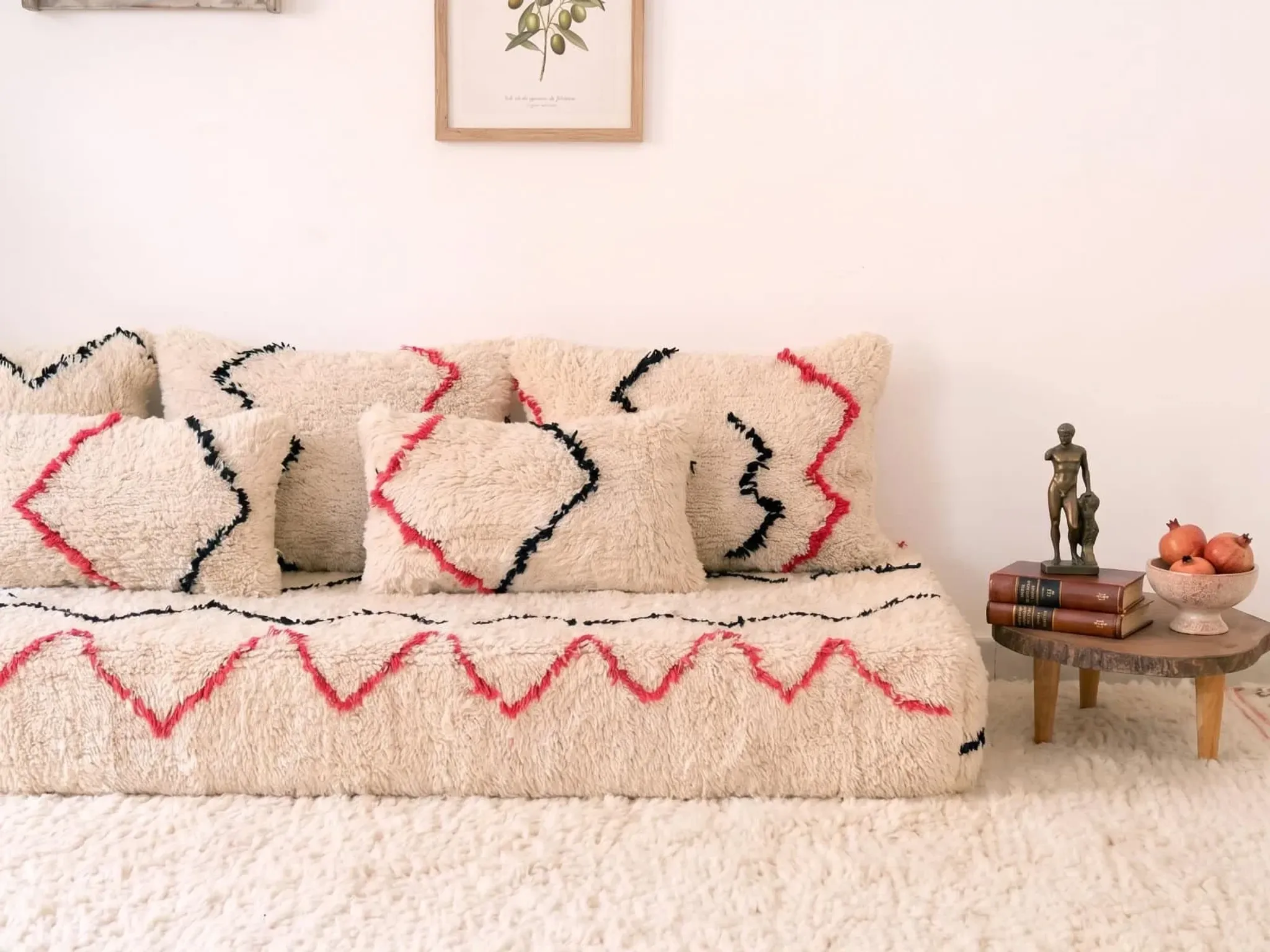 Canapé de sol en tapis Azilal fait main 180 cm avec coussins moelleux