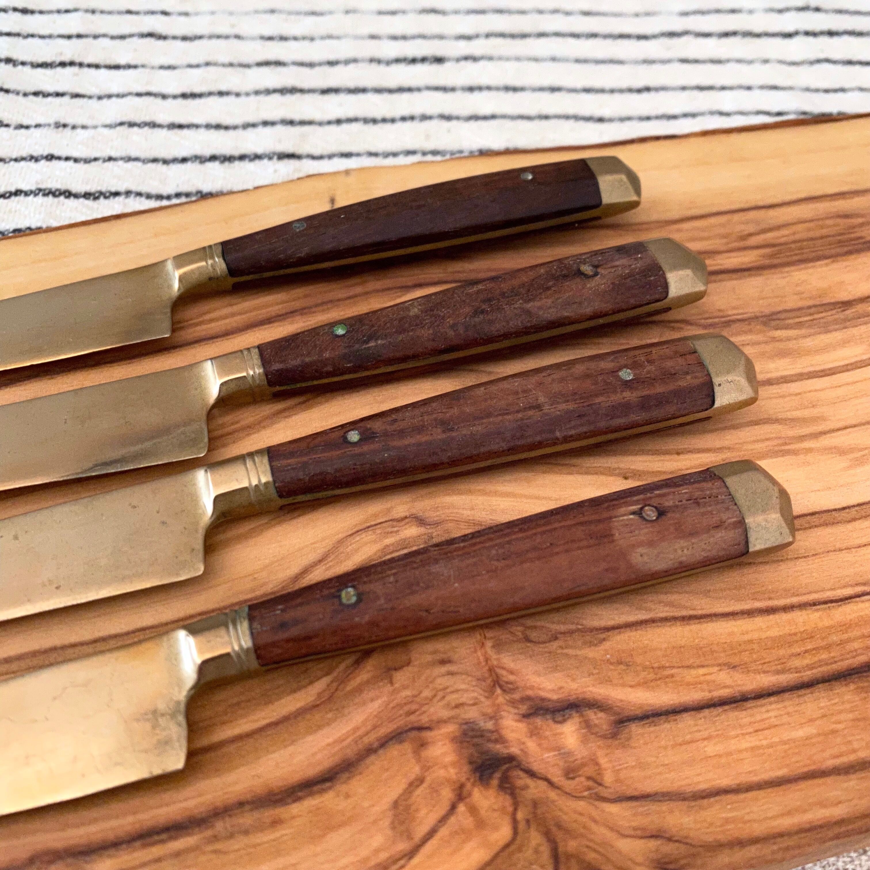 8 Vintage Knives, Antique Fruit Knives, Wooden Knife Set, Brass, Mid Century Cutlery.