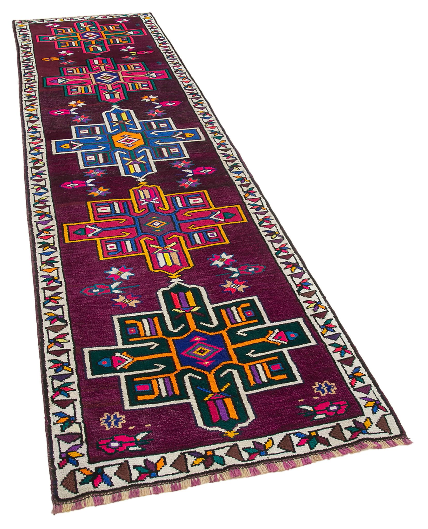 Handmade Distressed Oriental Multicolor Runner Carpet 90 cm x 332 cm