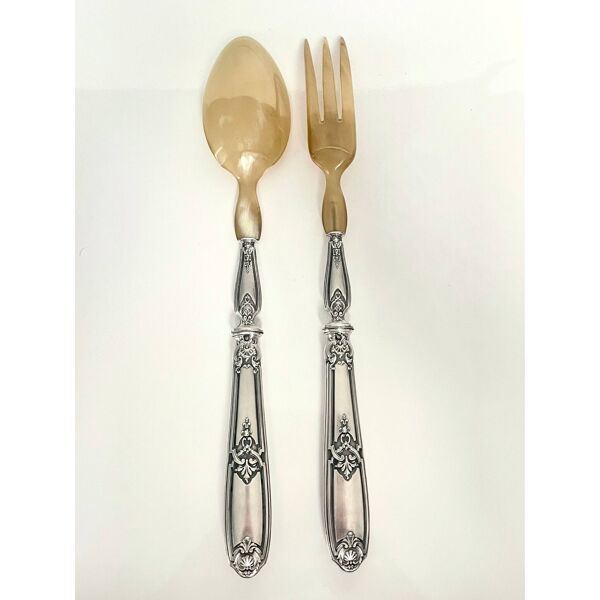 2 couverts de service à salade en argent fourré et corne