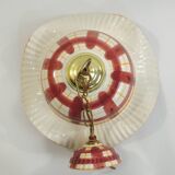 Vintage earthenware pendant light with a burgundy and ochre tartan pattern