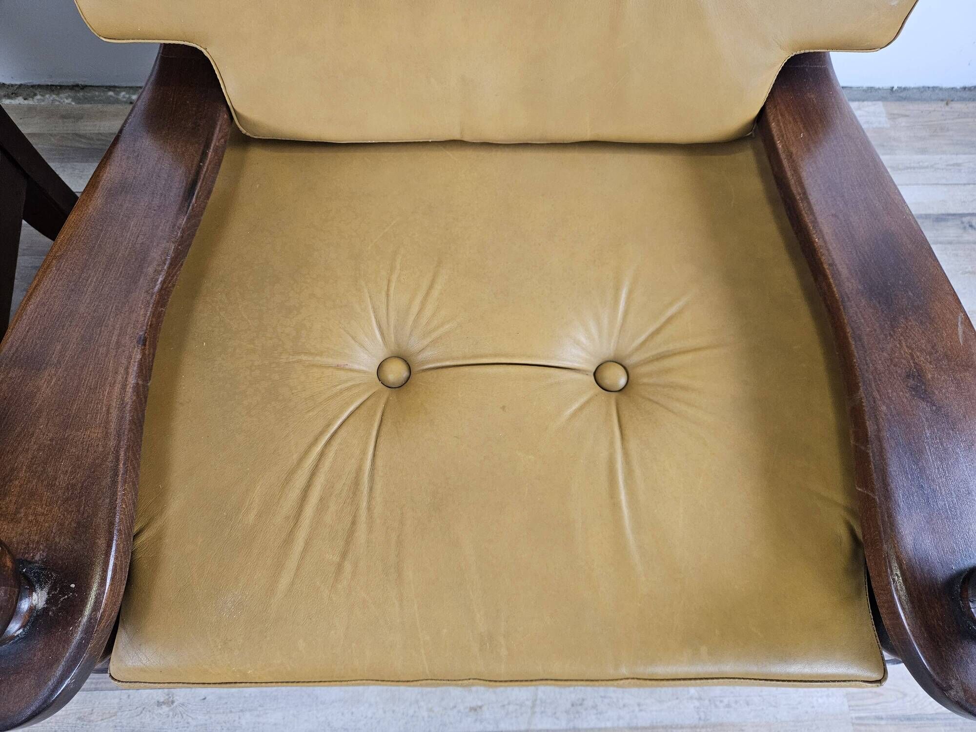 1980s leather and solid wood armchairs